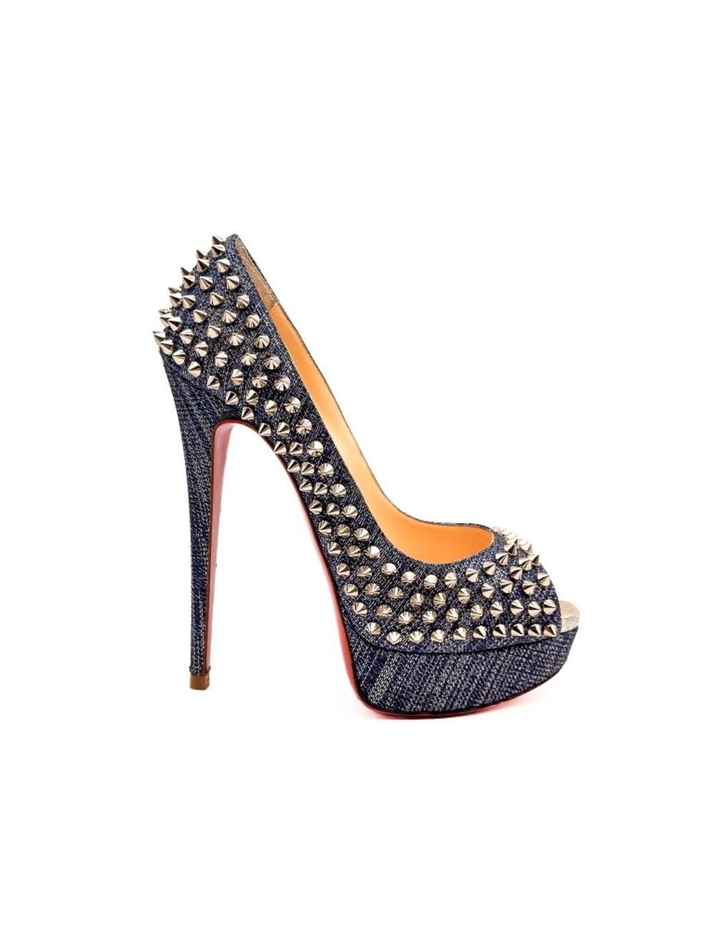 Christian Louboutin Fetish Peep 150 Denim Spiked Platform Pumps EU 37.5